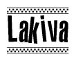 The image is a black and white clipart of the text Lakiva in a bold, italicized font. The text is bordered by a dotted line on the top and bottom, and there are checkered flags positioned at both ends of the text, usually associated with racing or finishing lines.