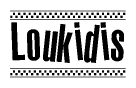 The image contains the text Loukidis in a bold, stylized font, with a checkered flag pattern bordering the top and bottom of the text.