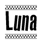 The clipart image displays the text Luna in a bold, stylized font. It is enclosed in a rectangular border with a checkerboard pattern running below and above the text, similar to a finish line in racing. 