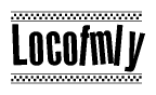 The image is a black and white clipart of the text Locofmly in a bold, italicized font. The text is bordered by a dotted line on the top and bottom, and there are checkered flags positioned at both ends of the text, usually associated with racing or finishing lines.