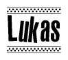 The image contains the text Lukas in a bold, stylized font, with a checkered flag pattern bordering the top and bottom of the text.