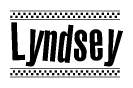 The image is a black and white clipart of the text Lyndsey in a bold, italicized font. The text is bordered by a dotted line on the top and bottom, and there are checkered flags positioned at both ends of the text, usually associated with racing or finishing lines.
