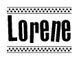 The image contains the text Lorene in a bold, stylized font, with a checkered flag pattern bordering the top and bottom of the text.