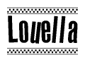 The image contains the text Louella in a bold, stylized font, with a checkered flag pattern bordering the top and bottom of the text.