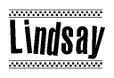 The image contains the text Lindsay in a bold, stylized font, with a checkered flag pattern bordering the top and bottom of the text.