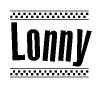 The image is a black and white clipart of the text Lonny in a bold, italicized font. The text is bordered by a dotted line on the top and bottom, and there are checkered flags positioned at both ends of the text, usually associated with racing or finishing lines.