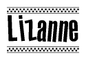 The image is a black and white clipart of the text Lizanne in a bold, italicized font. The text is bordered by a dotted line on the top and bottom, and there are checkered flags positioned at both ends of the text, usually associated with racing or finishing lines.