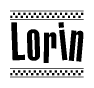 The clipart image displays the text Lorin in a bold, stylized font. It is enclosed in a rectangular border with a checkerboard pattern running below and above the text, similar to a finish line in racing. 