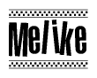 The image contains the text Melike in a bold, stylized font, with a checkered flag pattern bordering the top and bottom of the text.