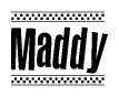 The image contains the text Maddy in a bold, stylized font, with a checkered flag pattern bordering the top and bottom of the text.