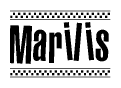 The image is a black and white clipart of the text Marilis in a bold, italicized font. The text is bordered by a dotted line on the top and bottom, and there are checkered flags positioned at both ends of the text, usually associated with racing or finishing lines.
