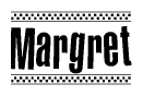 The clipart image displays the text Margret in a bold, stylized font. It is enclosed in a rectangular border with a checkerboard pattern running below and above the text, similar to a finish line in racing. 