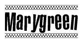 The image contains the text Marygreen in a bold, stylized font, with a checkered flag pattern bordering the top and bottom of the text.
