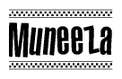 The image contains the text Muneeza in a bold, stylized font, with a checkered flag pattern bordering the top and bottom of the text.