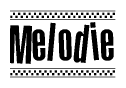 The image contains the text Melodie in a bold, stylized font, with a checkered flag pattern bordering the top and bottom of the text.