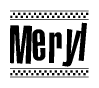 The clipart image displays the text Meryl in a bold, stylized font. It is enclosed in a rectangular border with a checkerboard pattern running below and above the text, similar to a finish line in racing. 