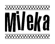 The image contains the text Mileka in a bold, stylized font, with a checkered flag pattern bordering the top and bottom of the text.