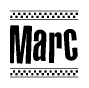 The image contains the text Marc in a bold, stylized font, with a checkered flag pattern bordering the top and bottom of the text.