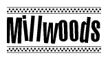 The image contains the text Millwoods in a bold, stylized font, with a checkered flag pattern bordering the top and bottom of the text.