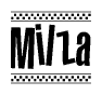 The image is a black and white clipart of the text Milza in a bold, italicized font. The text is bordered by a dotted line on the top and bottom, and there are checkered flags positioned at both ends of the text, usually associated with racing or finishing lines.