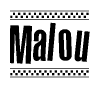 The image contains the text Malou in a bold, stylized font, with a checkered flag pattern bordering the top and bottom of the text.