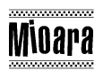 The image contains the text Mioara in a bold, stylized font, with a checkered flag pattern bordering the top and bottom of the text.