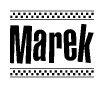 The image is a black and white clipart of the text Marek in a bold, italicized font. The text is bordered by a dotted line on the top and bottom, and there are checkered flags positioned at both ends of the text, usually associated with racing or finishing lines.
