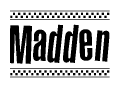 The image contains the text Madden in a bold, stylized font, with a checkered flag pattern bordering the top and bottom of the text.