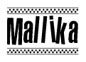The image is a black and white clipart of the text Mallika in a bold, italicized font. The text is bordered by a dotted line on the top and bottom, and there are checkered flags positioned at both ends of the text, usually associated with racing or finishing lines.