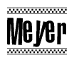 The image contains the text Meyer in a bold, stylized font, with a checkered flag pattern bordering the top and bottom of the text.