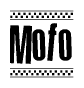 The clipart image displays the text Mofo in a bold, stylized font. It is enclosed in a rectangular border with a checkerboard pattern running below and above the text, similar to a finish line in racing. 