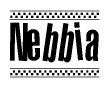 The image is a black and white clipart of the text Nebbia in a bold, italicized font. The text is bordered by a dotted line on the top and bottom, and there are checkered flags positioned at both ends of the text, usually associated with racing or finishing lines.
