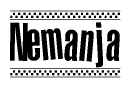 The image is a black and white clipart of the text Nemanja in a bold, italicized font. The text is bordered by a dotted line on the top and bottom, and there are checkered flags positioned at both ends of the text, usually associated with racing or finishing lines.