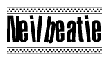 The clipart image displays the text Neilbeatie in a bold, stylized font. It is enclosed in a rectangular border with a checkerboard pattern running below and above the text, similar to a finish line in racing. 