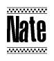 The clipart image displays the text Nate in a bold, stylized font. It is enclosed in a rectangular border with a checkerboard pattern running below and above the text, similar to a finish line in racing. 