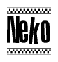 The image contains the text Neko in a bold, stylized font, with a checkered flag pattern bordering the top and bottom of the text.
