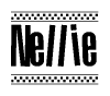 The image contains the text Nellie in a bold, stylized font, with a checkered flag pattern bordering the top and bottom of the text.