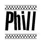The image contains the text Phill in a bold, stylized font, with a checkered flag pattern bordering the top and bottom of the text.