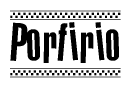 The image contains the text Porfirio in a bold, stylized font, with a checkered flag pattern bordering the top and bottom of the text.