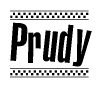 The image contains the text Prudy in a bold, stylized font, with a checkered flag pattern bordering the top and bottom of the text.