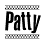 The image is a black and white clipart of the text Patty in a bold, italicized font. The text is bordered by a dotted line on the top and bottom, and there are checkered flags positioned at both ends of the text, usually associated with racing or finishing lines.