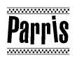 The image contains the text Parris in a bold, stylized font, with a checkered flag pattern bordering the top and bottom of the text.