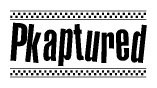 The image is a black and white clipart of the text Pkaptured in a bold, italicized font. The text is bordered by a dotted line on the top and bottom, and there are checkered flags positioned at both ends of the text, usually associated with racing or finishing lines.