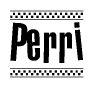 The clipart image displays the text Perri in a bold, stylized font. It is enclosed in a rectangular border with a checkerboard pattern running below and above the text, similar to a finish line in racing. 