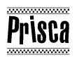 The image contains the text Prisca in a bold, stylized font, with a checkered flag pattern bordering the top and bottom of the text.