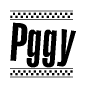 The image contains the text Pggy in a bold, stylized font, with a checkered flag pattern bordering the top and bottom of the text.