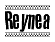 The image contains the text Reynea in a bold, stylized font, with a checkered flag pattern bordering the top and bottom of the text.