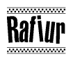 The clipart image displays the text Rafiur in a bold, stylized font. It is enclosed in a rectangular border with a checkerboard pattern running below and above the text, similar to a finish line in racing. 