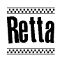 The clipart image displays the text Retta in a bold, stylized font. It is enclosed in a rectangular border with a checkerboard pattern running below and above the text, similar to a finish line in racing. 
