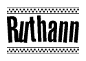 The image contains the text Ruthann in a bold, stylized font, with a checkered flag pattern bordering the top and bottom of the text.